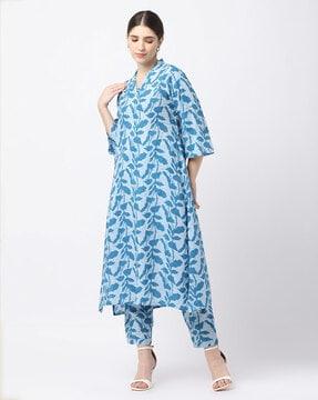 women leaf print a-line kurta & pants set