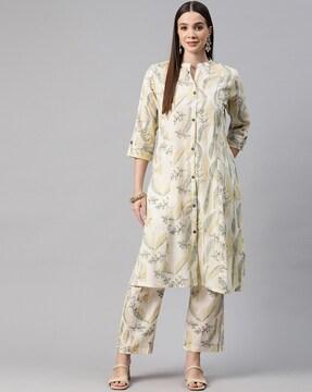 women leaf print a-line kurta set