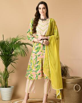 women leaf print a-line kurta with pants & dupatta
