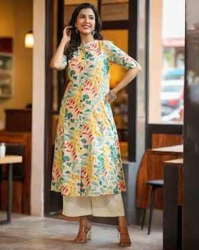 women leaf print a-line kurta