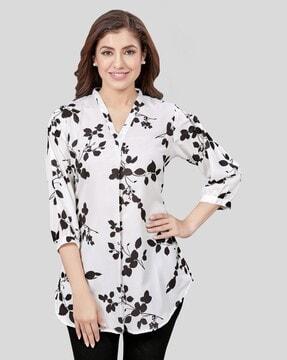 women leaf print a-line kurti with mandarin collar