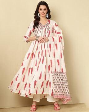 women leaf print anarkali kurta & palazzos with dupatta