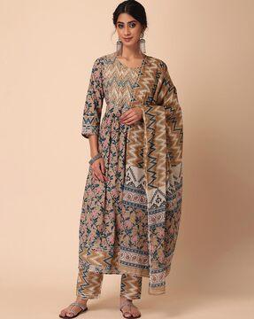 women leaf print anarkali kurta suit set