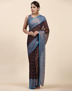 women leaf print chiffon saree with contrast border