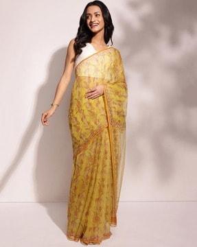 women leaf print cotton silk saree