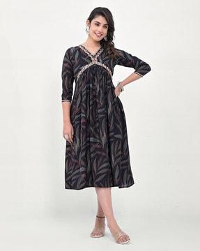 women leaf print fit & flare dress