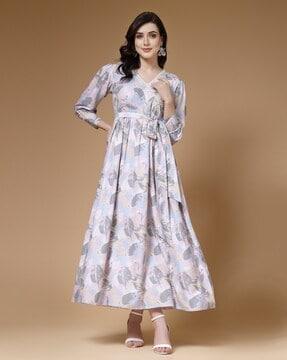 women leaf print fit & flare dress