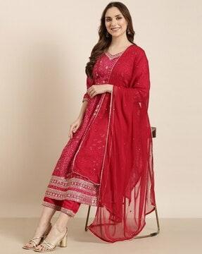 women leaf print flared kurta with pants & dupatta