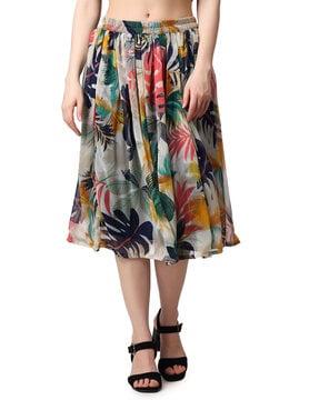 women leaf print flared skirt