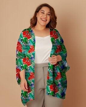 women leaf print front-open shrug