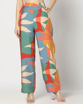 women leaf print high-rise relaxed fit pants