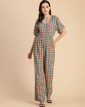 women leaf print jumpsuit with insert pockets