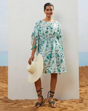 women leaf print kaftan dress with tie-ups