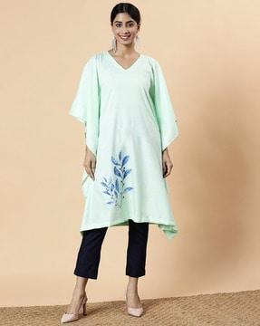 women leaf print kaftan-styled flared kurta