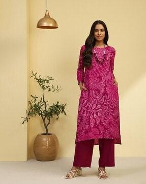 women leaf print kurta & pants set