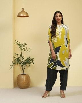 women leaf print kurta & patiala pants set