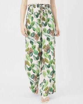 women leaf print loose fit palazzos