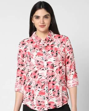 women leaf print loose fit shirt