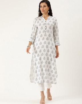 women leaf print no darts straight kurta