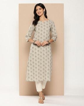 women leaf print no darts straight kurta