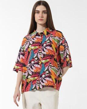 women leaf print oversized shirt