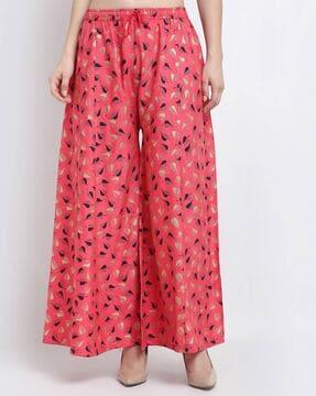 women leaf print palazzos with drawstring waist