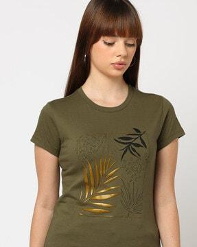 women leaf print regular fit round-neck t-shirt