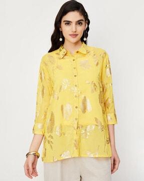 women leaf print regular fit shirt top