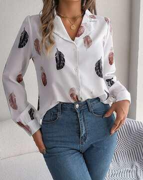 women leaf print regular fit shirt with full sleeves