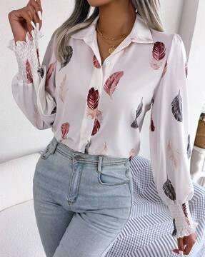 women leaf print regular fit shirt with full sleeves