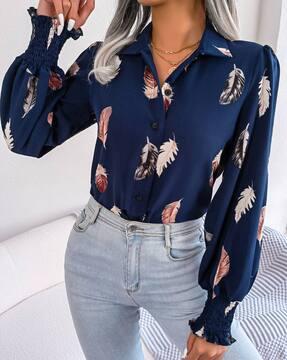 women leaf print regular fit shirt with full sleeves