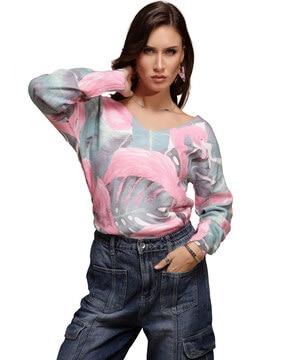 women leaf print regular fit sweatshirt