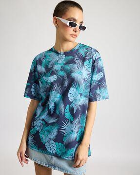 women leaf print relaxed fit crew-neck t-shirt