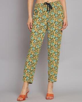 women leaf print relaxed fit flat-front trousers