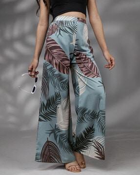 women leaf print relaxed fit palazzos
