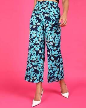 women leaf print relaxed fit palazzos