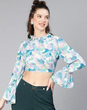 women leaf print relaxed fit round-neck top