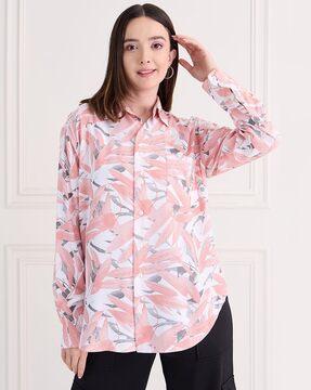 women leaf print relaxed fit shirt with patch pocket