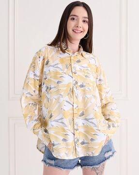 women leaf print relaxed fit shirt with patch pocket