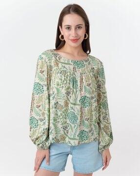 women leaf print relaxed fit top