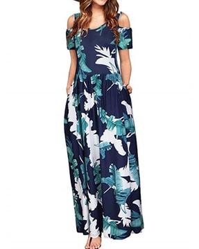 women leaf print round-neck short sleeves maxi fit & flare dress