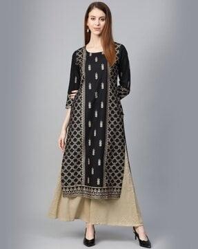 women leaf print round-neck straight kurta