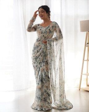 women leaf print saree with blouse piece