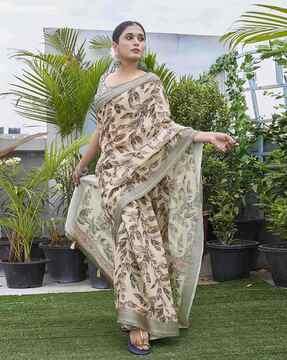 women leaf print saree with contrast border