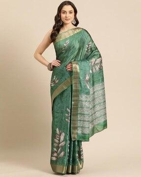 women leaf print saree with contrast border