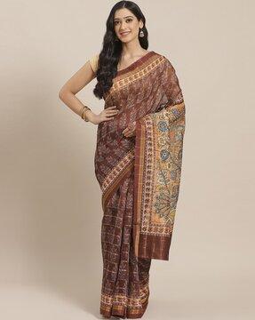 women leaf print saree with contrast border