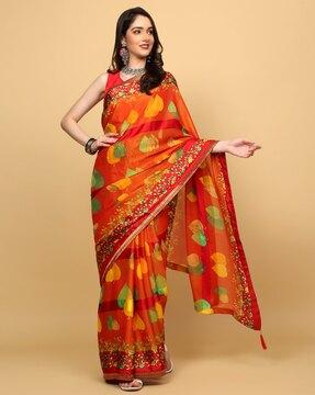women leaf print saree with patch border
