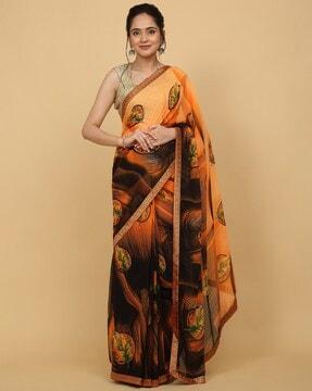 women leaf print saree with patch border