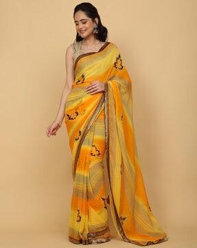 women leaf print saree with patch border