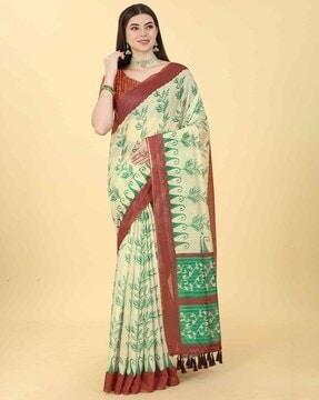 women leaf print saree with tassels